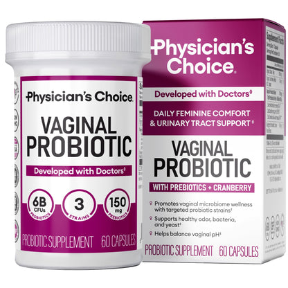 Physician's CHOICE Vaginal Probiotics for Women, pH Balance & Odor, 30ct | Supports Odor Control, Vaginal Flora, Yeast Balance & Feminine Health, 6B CFU, Organic Prebiotics, Cranberry Extract