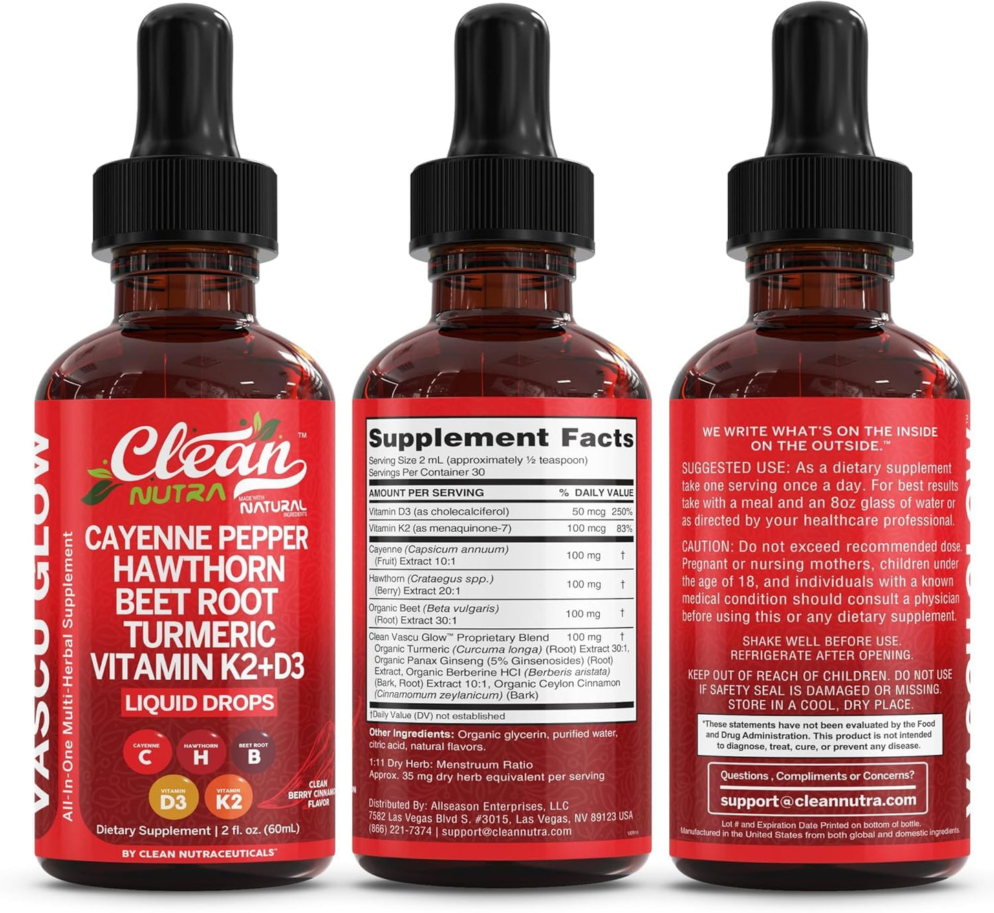 Clean Nutra Cayenne Pepper Drops Supplement Liquid + Hawthorn Berry, Vitamin D3 K2 Beet Root Powder, Ceylon Cinnamon, Turmeric Curcumin
