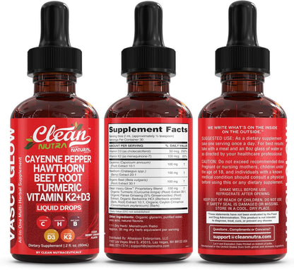 Clean Nutra Cayenne Pepper Drops Supplement Liquid + Hawthorn Berry, Vitamin D3 K2 Beet Root Powder, Ceylon Cinnamon, Turmeric Curcumin