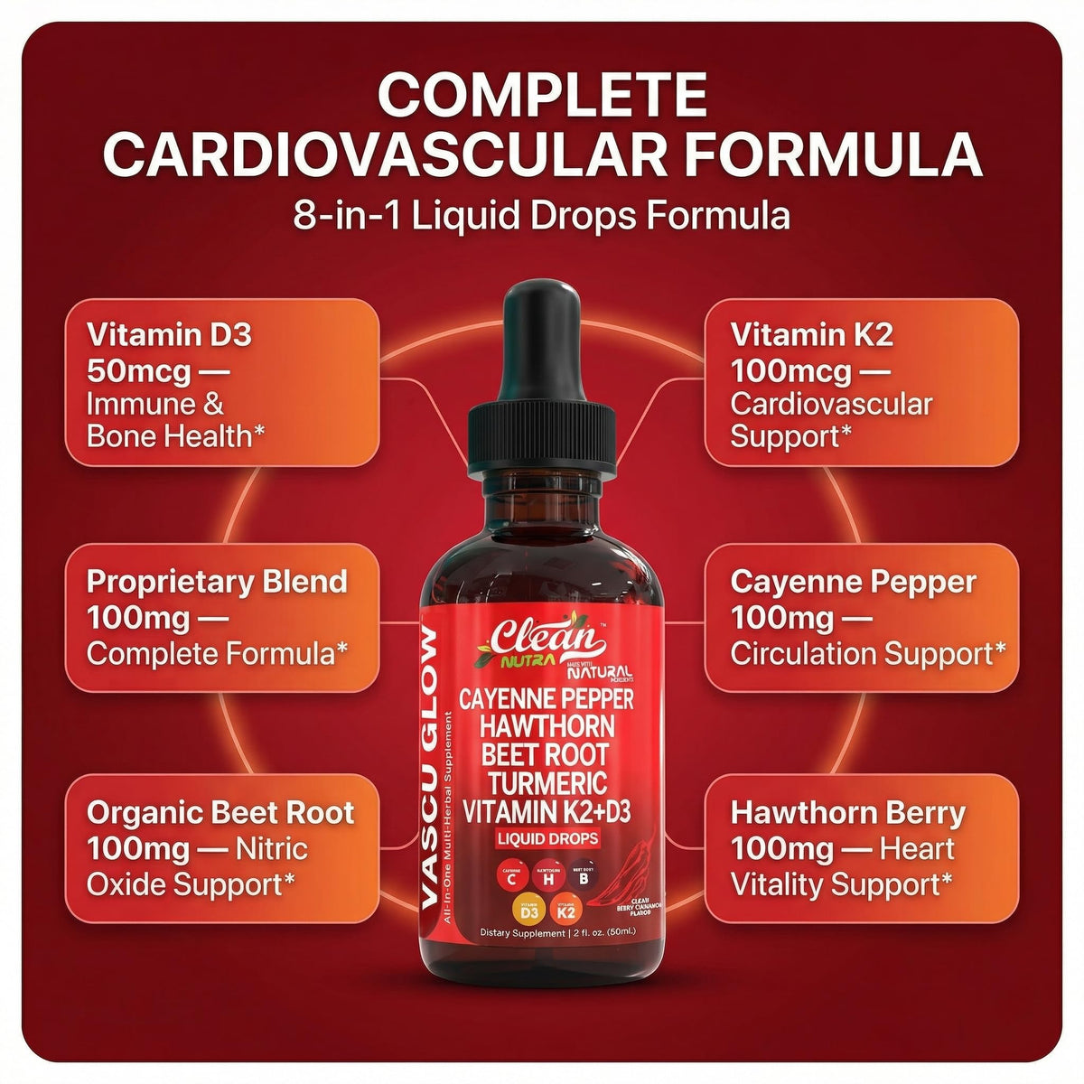 Clean Nutra Cayenne Pepper Drops Supplement Liquid + Hawthorn Berry, Vitamin D3 K2 Beet Root Powder, Ceylon Cinnamon, Turmeric Curcumin