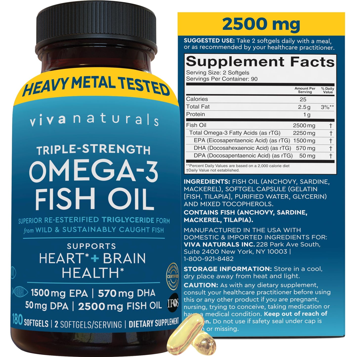 Triple Strength Omega 3 Fish Oil Supplement for Men and Women – 2500 mg High-Potency, Easy-to-Absorb Re-esterified Triglyceride Form, Pescatarian-Friendly DPA EPA DHA Omega 3 Supplement, 180 Softgels Viva Naturals buy supplements Au