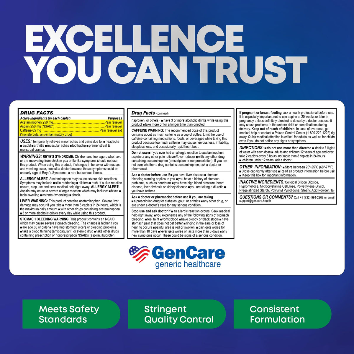 GenCare - Headache Relief Acetaminophen with Aspirin (NSAID) & Caffeine (300 Caplets) Value Pack | Head Pain, Muscle Aches, Back Pain & Body | Generic ExcedrEn Extra Strength GenCare buy supplements Au