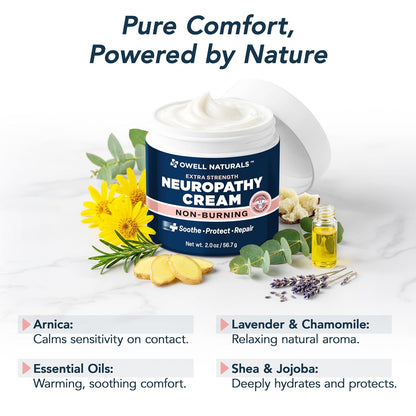 Owell Naturals Neuropathy Cream – Extra Strength Fast-Acting Comfort for Feet, Hands & Legs – Non-Burning Soothing Formula with Arnica – Cooling Skin Relief Cream, 2 oz