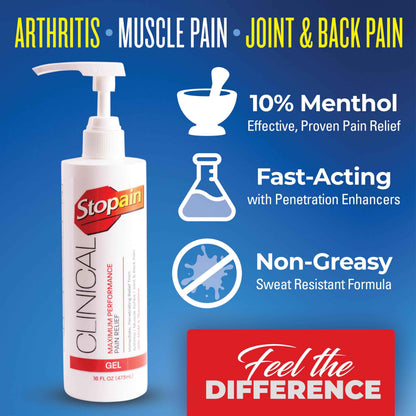 Stopain Clinical Pain Relief Gel 16 oz - Professional Formula for Arthritis, Knee, Back & Muscle Pain - Maximum Strength Gel for Joint & Nerve Pains with 10% Menthol Plus Glucosamine - Made in USA