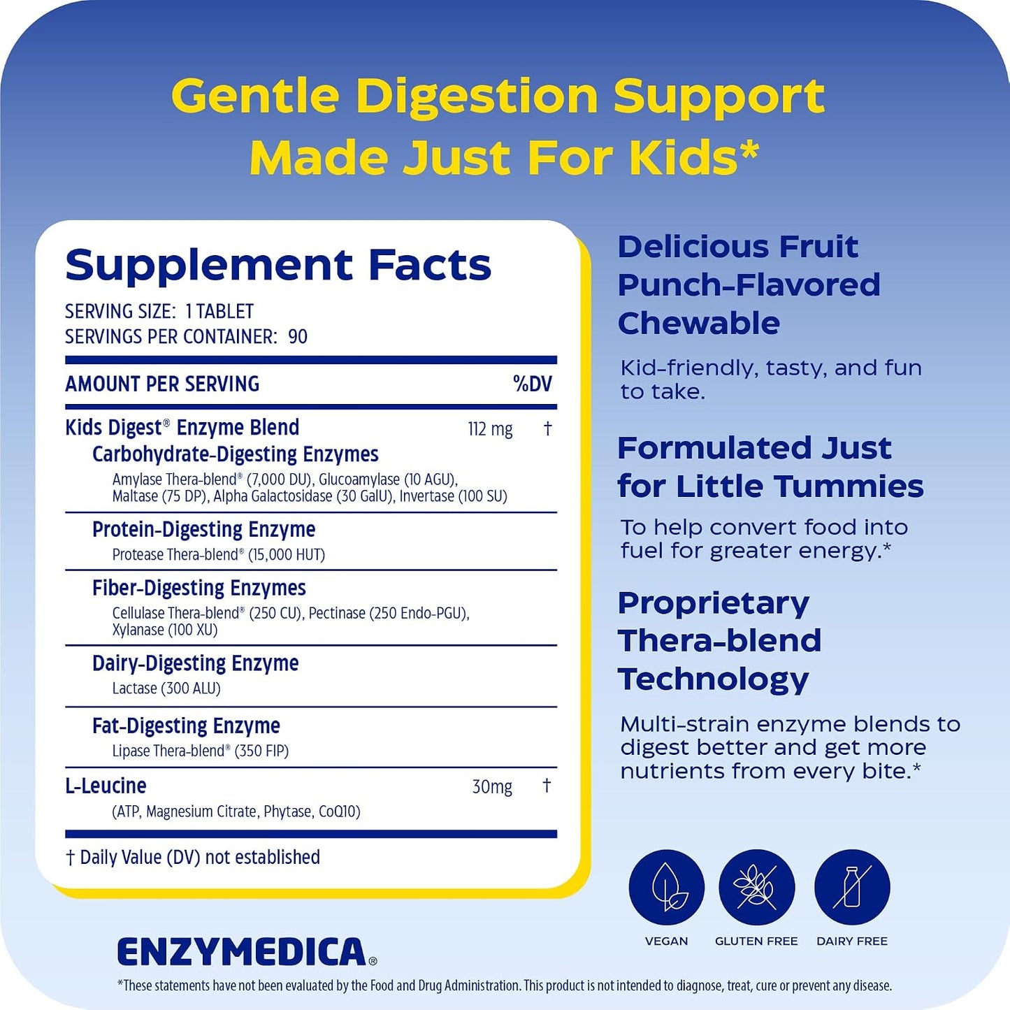 Enzymedica Kids Digest Chewable Digestive Enzyme Supplement - 90 Tablets