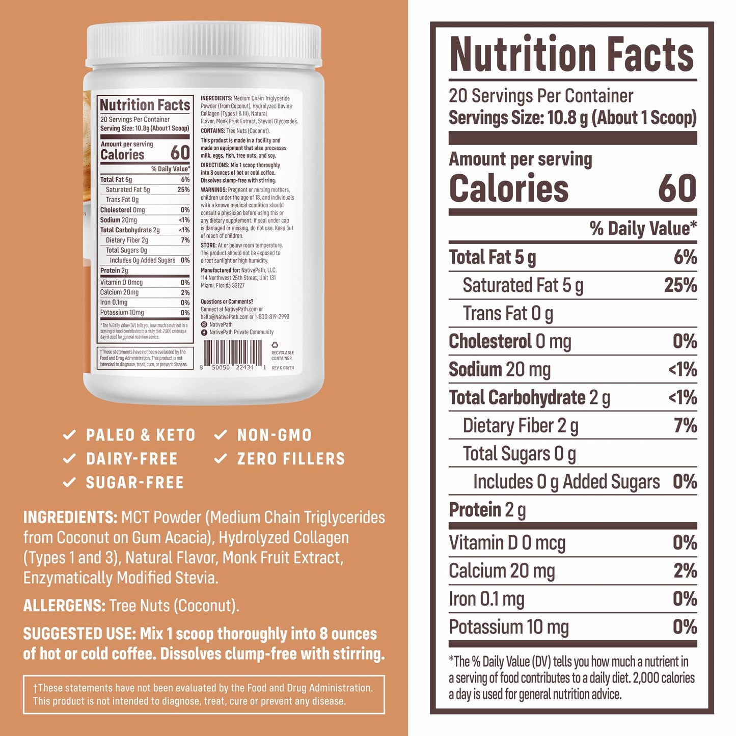 NativePath Keto Creamer, French Vanilla, Collagen & MCT, 20 Servings | Sugar-Free, Monk Fruit Sweetened, Non-Dairy & Creamy, Supports Skin, Hair & Nails, Low-Carb Friendly