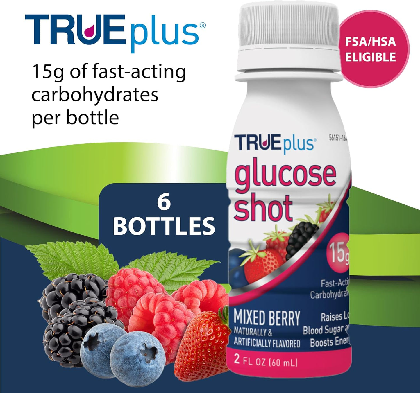 TRUEplus Glucose Shot, 15g Carbohydrates, Mixed Berry Flavor, 6 Pack | 15g Fast-Acting Carbohydrates, Fat Free, Gluten Free, Boosts Energy, Great Tasting and Easy to Use