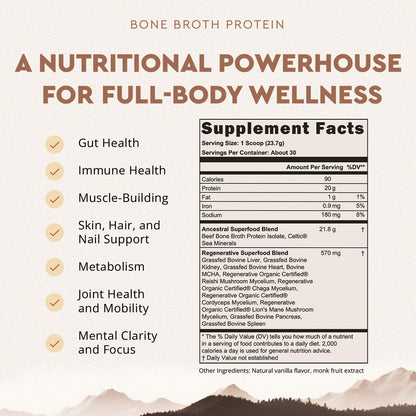Ancestral Supplements Vanilla Protein Bundle & Frother Wand – Grass Fed Beef Organ Blend with 20g Protein, Gut Health Support & Organic Mushrooms, Rechargeable Electric Frother Wand (Double Whisk, Sta