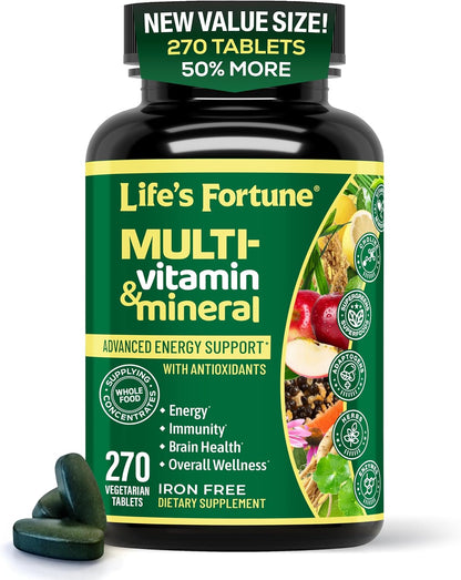 Life's Fortune Whole Food Multivitamin & Mineral Supplement for Men & Women – Energy Support Vitamins for Immune, Brain & Metabolism Support – Iron Free, 270 Vegetarian Tablets