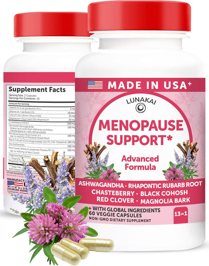 Lunakai USA Made Natural Menopause Supplements for Women, 60ct | Non-GMO, 13-in-1 Menopause Relief for Hot Flashes, Night Sweats, Sleep & Mood Support