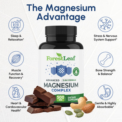 ForestLeaf Magnesium Complex for Women and Men - 500mg Magnesium Supplement for Sleep - 5-in-1 Chelated Magnesium Citrate, Bisglycinate, Malate, Taurate, Oxide (120 Ct) ForestLeaf buy supplements Au