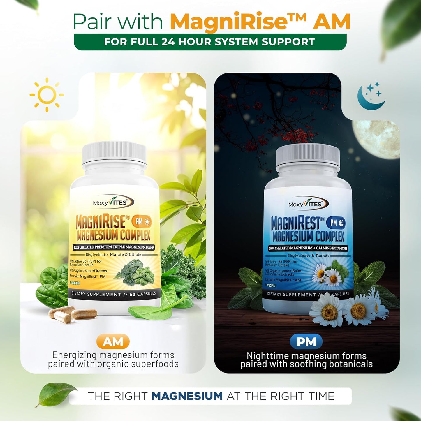 MoxyVites MagniRest PM Magnesium Complex for Women & Men - Magnesium Bisglycinate, Taurate, Active B6, & Calming Organic Botanicals - Chelated High Absorption - Nighttime Magnesium, 60 Vegan Capsules