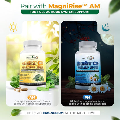MoxyVites MagniRest PM Magnesium Complex for Women & Men - Magnesium Bisglycinate, Taurate, Active B6, & Calming Organic Botanicals - Chelated High Absorption - Nighttime Magnesium, 60 Vegan Capsules