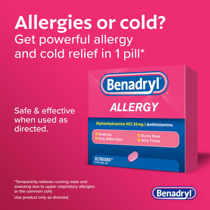Benadryl Ultratabs Allergy Medicine, 25 mg Diphenhydramine HCl Antihistamine Tablets For Cold & Allergy Relief of Symptoms Like Sneezing, Runny Nose, Itchy Eyes & Throat, Hay Fever, 100 Count Tablets Benadryl buy supplements Au