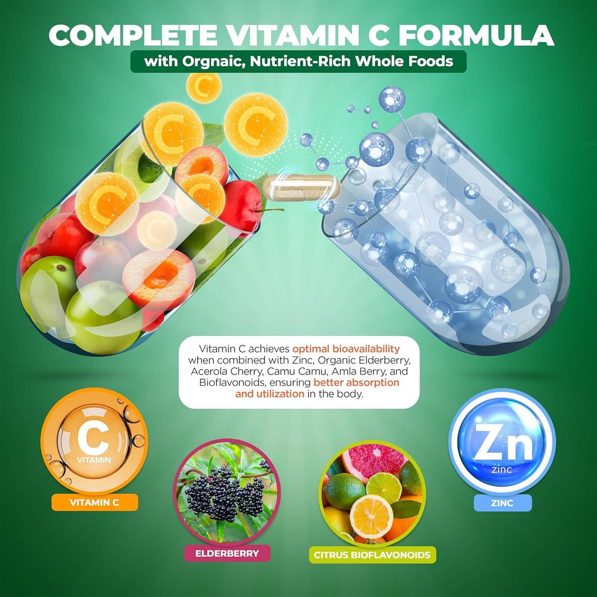 Liposomal Vitamin C with Zinc Capsules - Vit C Organic Elderberry, Amla, Camu Camu- Vitamina C High Absorption, Anti Aging, Immune Support,1500mg/Serving 3 Month Supply Gluten Free NON GMO Veggie Caps