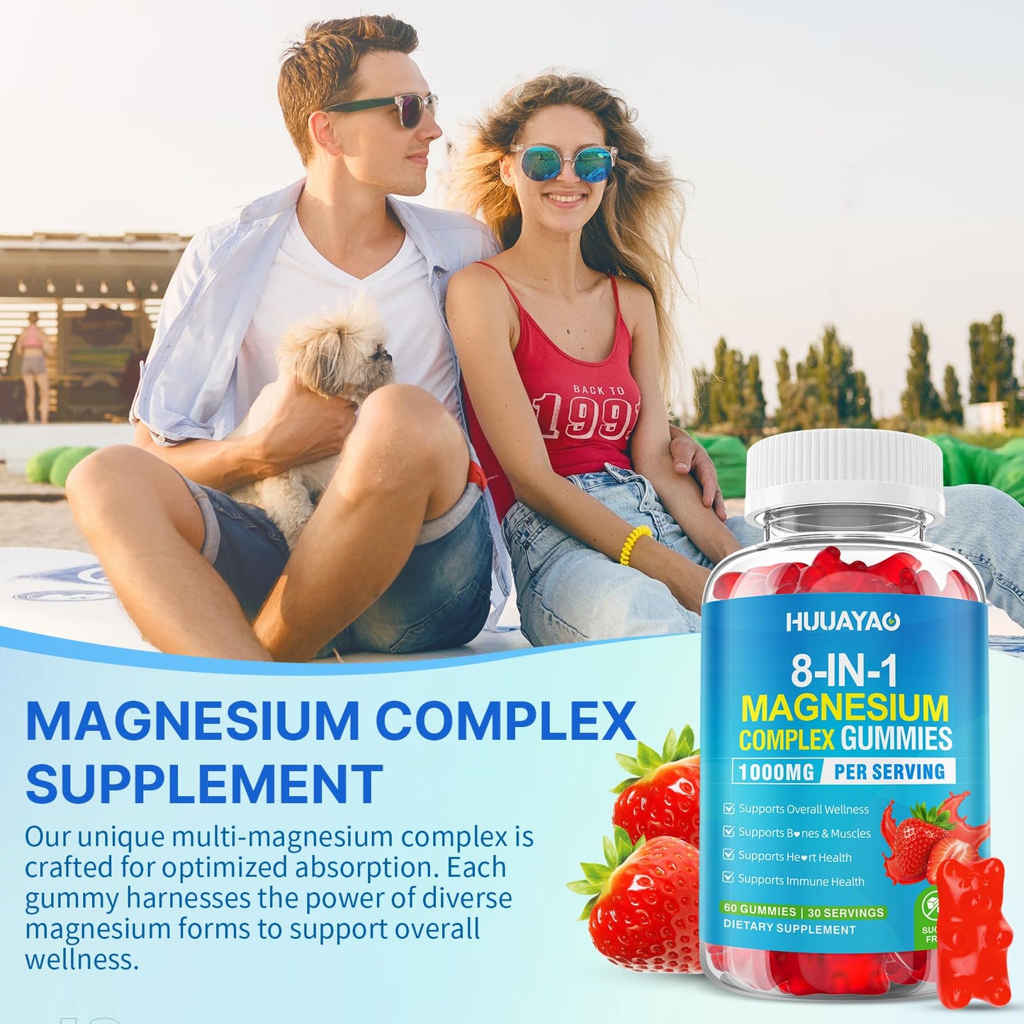 Magnesium Complex Gummies for Women Men 8 in 1, Magnesium Glycinate, Citrate, Malate, Taurate, Supports Bones, Muscle, Nerve Health, Sugar-Free, Vegan Non-GMO, Strawberry Flavor, 120 Count HUUAYAO buy supplements Au