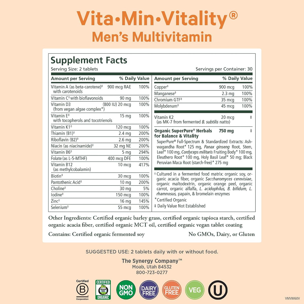 PURE SYNERGY Vita·Min·Vitality | Natural Multivitamin for Men | Men’s Daily Multivitamin Made with Organic Whole Foods | for Energy, Stress, and Immune Support (60 Tablets)