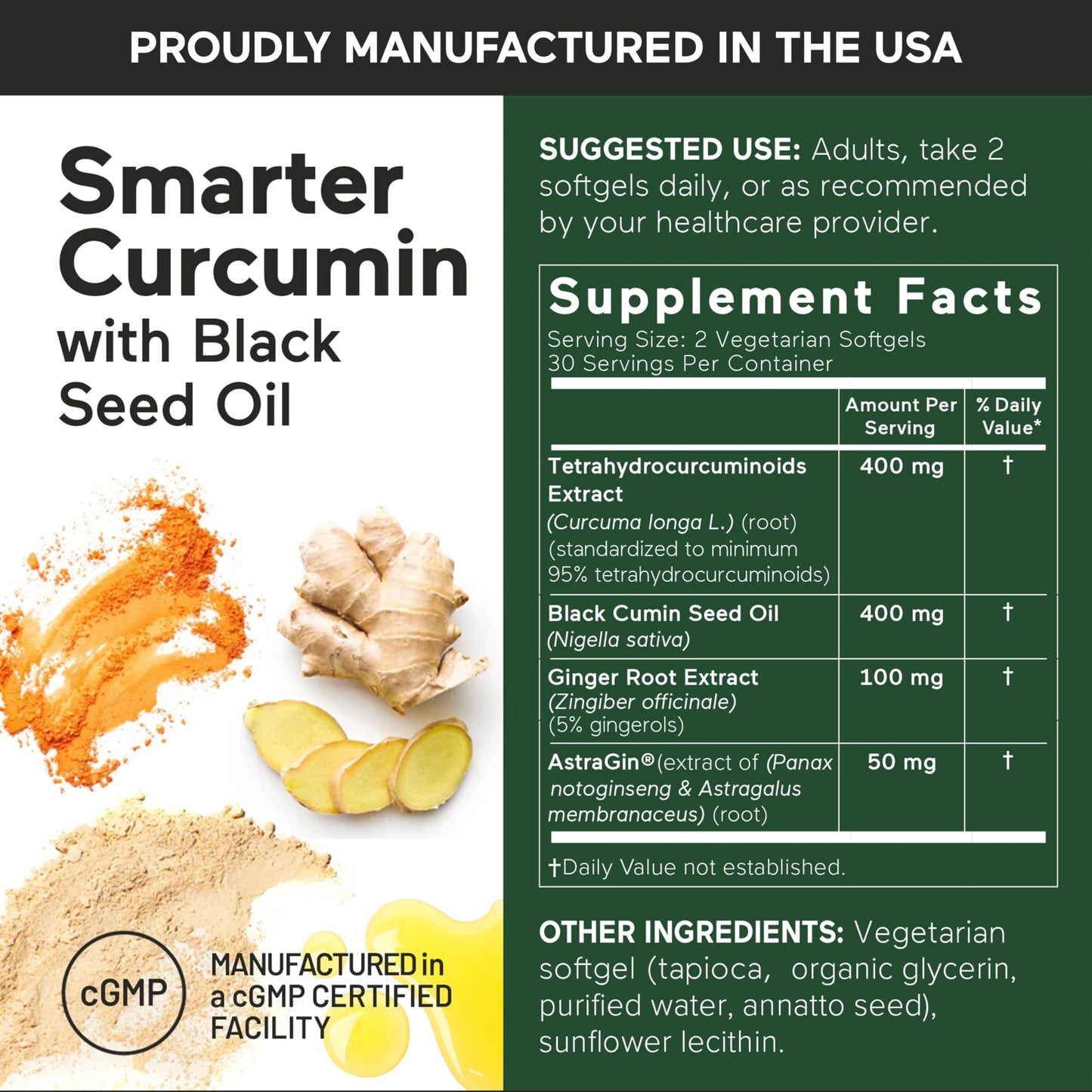 SMARTERNUTRITION Curcumin Softgels - Vegan High Absorption 400 mg Turmeric Supplement + Black Seed Oil & Ginger - 95% Tetrahydrocurcuminoids Non-GMO, USA Manufactured - 60 Ct[30 Servings] SMARTERNUTRITIONBuy Supplements Australia