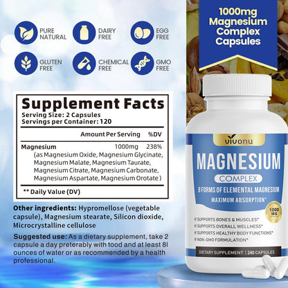 1000mg Magnesium Complex Capsules, 8-in-1 Magnesium Glycinate, Citrate, Malate, Taurate, Oxide, Carbonate, Aspartate, Orotate - 240 Capsules