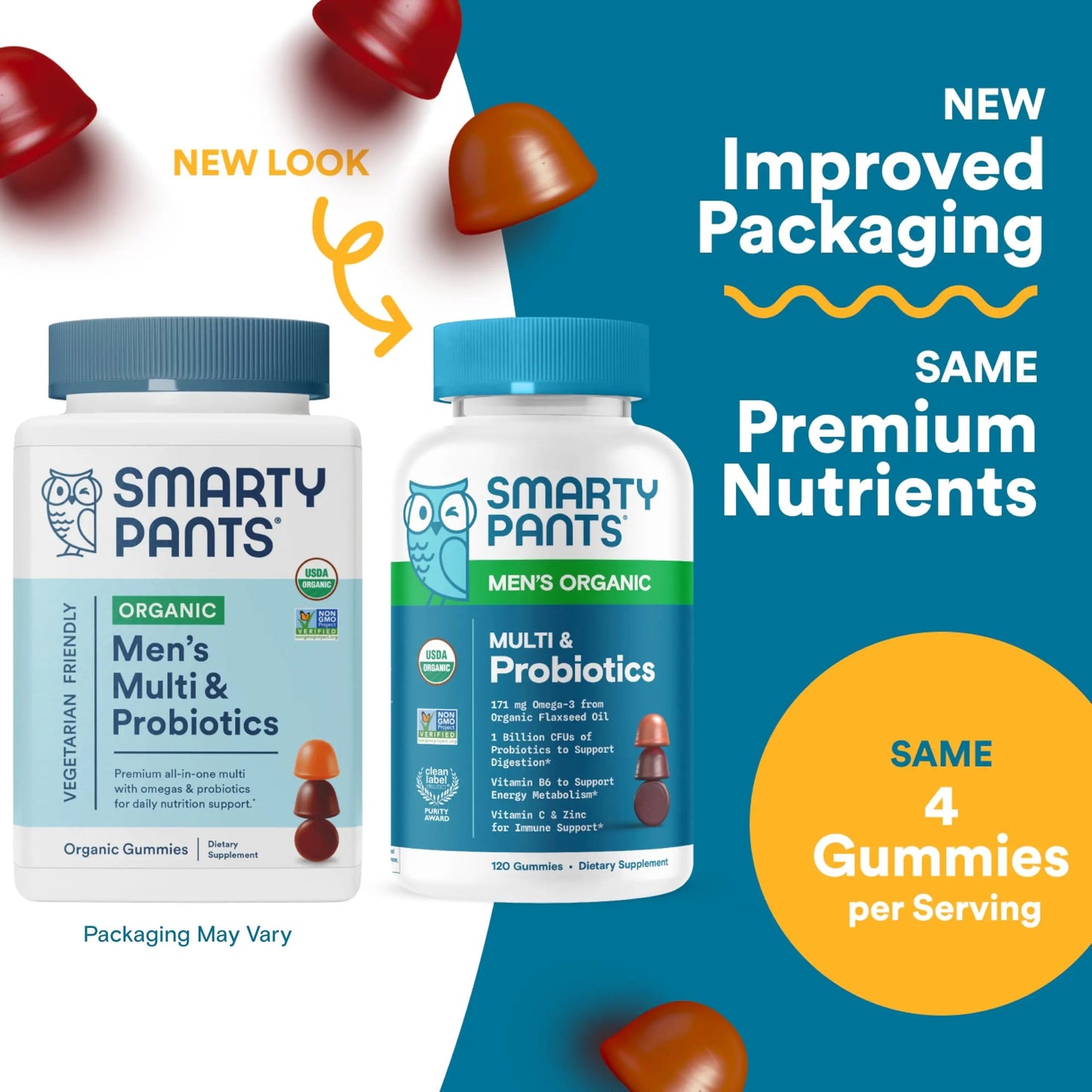 SmartyPants Multivitamin for Men, Organic Gummies: Probiotics, CoQ10, Methylfolate, Omega 3 (ALA), Vitamin D3, C, Vitamin B12 SmartyPants