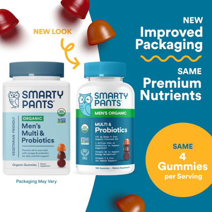 SmartyPants Multivitamin for Men, Organic Gummies: Probiotics, CoQ10, Methylfolate, Omega 3 (ALA), Vitamin D3, C, Vitamin B12 SmartyPants