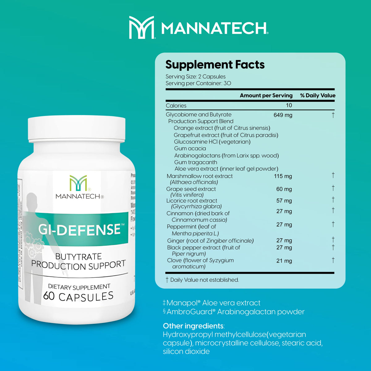 Mannatech Butyrate Supplement - Supports Gut Barrier Function, Intestinal Health, and Digestive Comfort - Promotes Short Chain Fatty Acid Production, Immune Support Supplement GI-Defense 60 Capsules Mannatech buy supplements Au