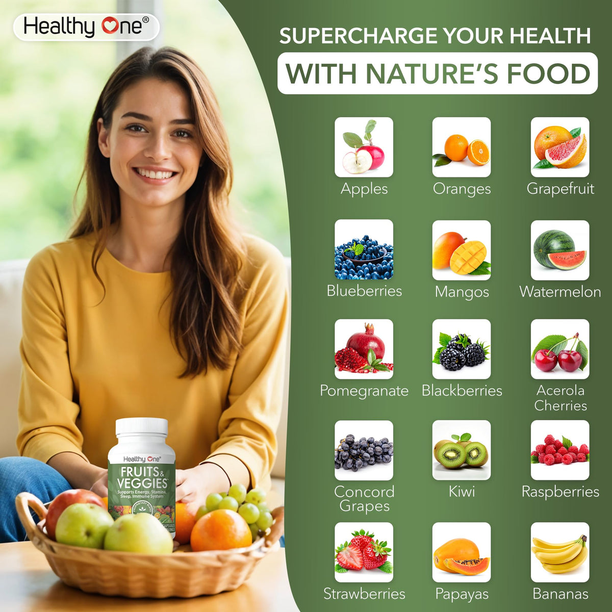 Fruits & Veggies Formula - 27 Premium Whole Foods - Organic Ingredients - Equals 3 Servings of Fruits & Vegetables - Improve Energy, Focus & Immune Function - Fiber - Antioxidants - 120ct (60 Serv) Healthy OneBuy Supplements Australia