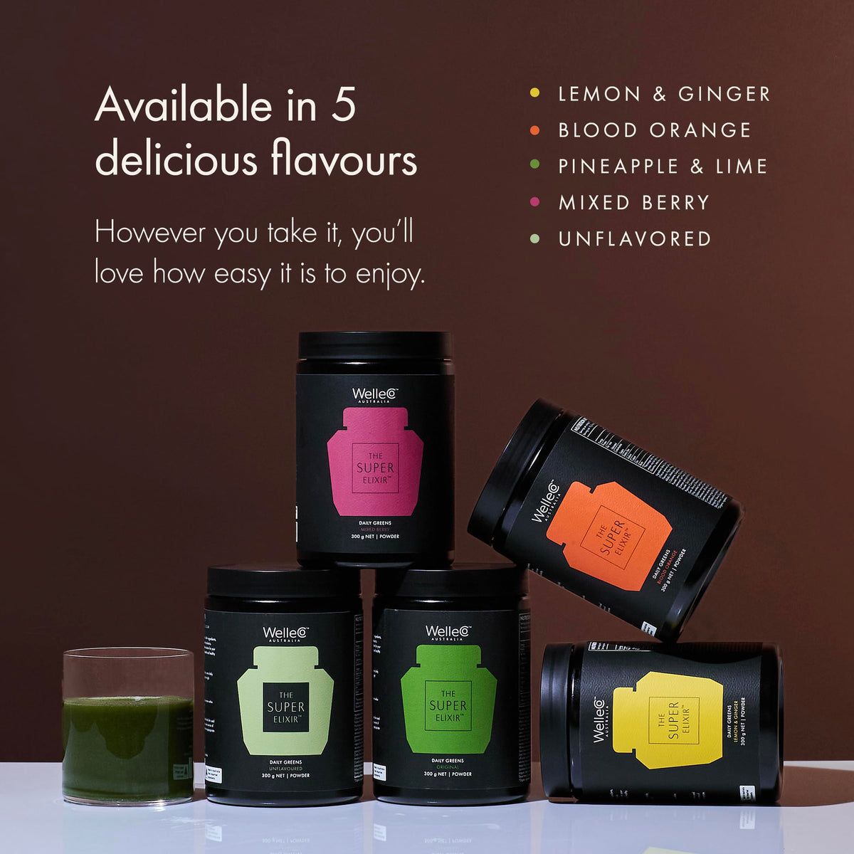 WelleCo The Super Elixir Daily Greens Powder, Probiotic Drink Mix with Whole Foods, Gluten Free, Vegan Gut Health Powder, Energy, Immunity, Healthy Skin, Hair & Nails (300g, Lemon Ginger) WelleCoBuy Supplements Australia
