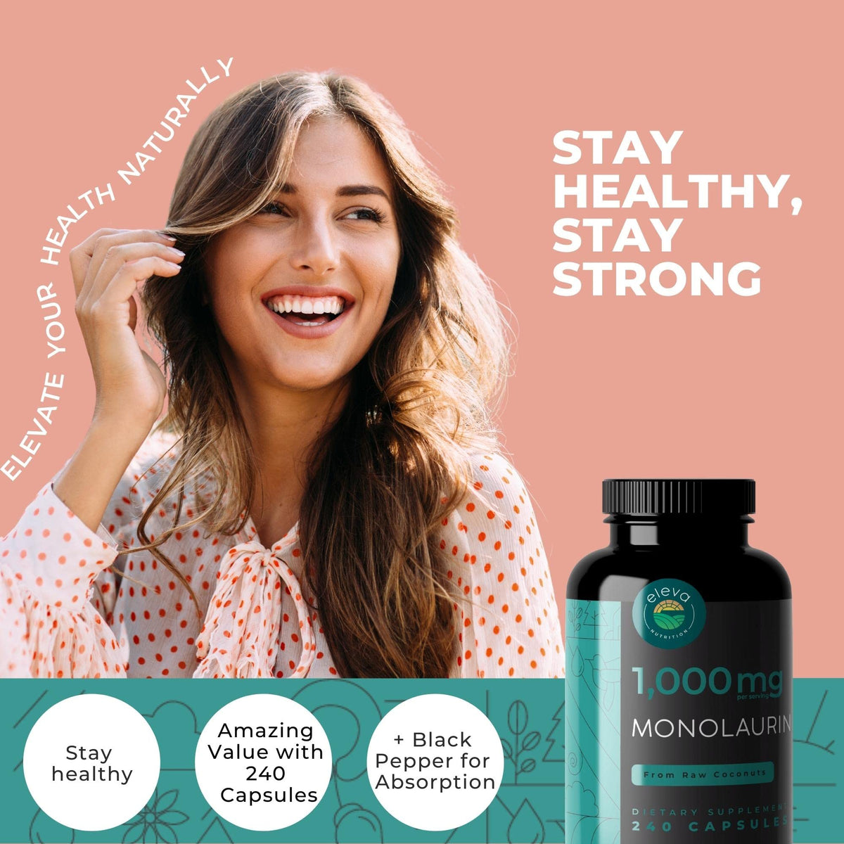 Monolaurin 1000mg Capsules — Made with Pure Glycerol and Lauric Acid from Raw Coconut — Natural Vegans- Non-GMO and Soy Free — 240 Capsules Eleva Nutrition buy supplements Au