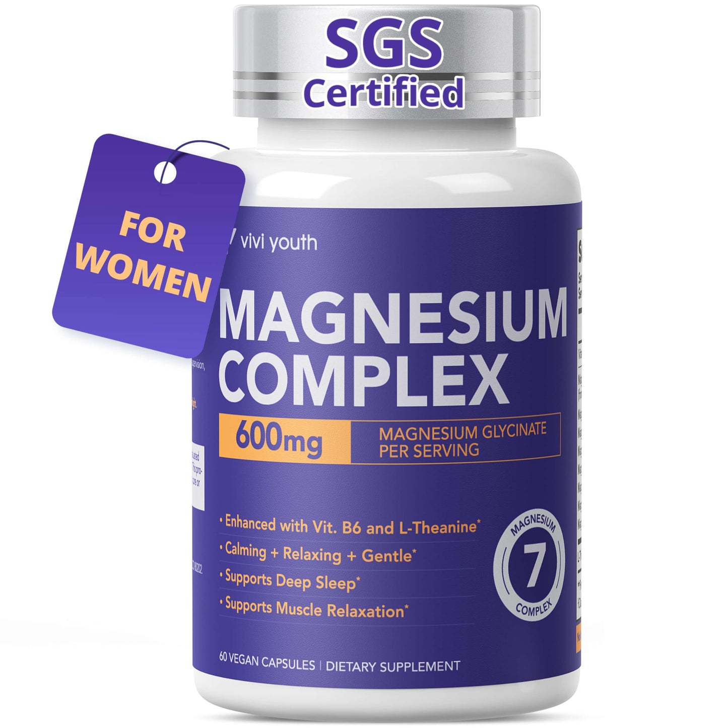 Supplement bottle labeled 'Magnesium Complex' with SGS certification on a white background