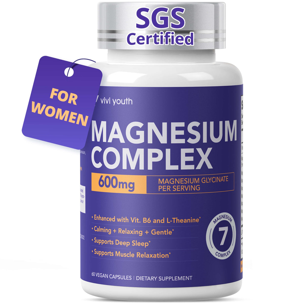 Supplement bottle labeled 'Magnesium Complex' with SGS certification on a white background