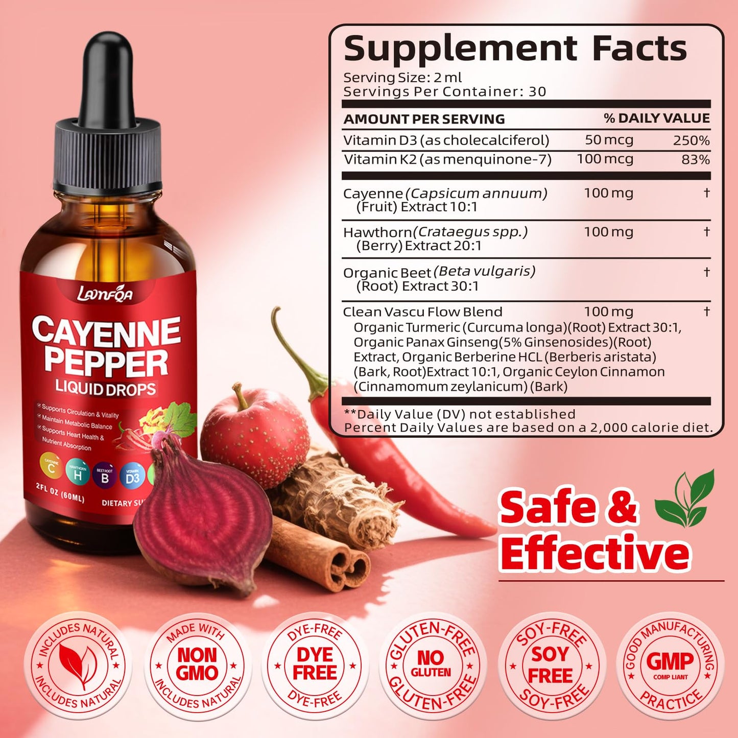 Cayenne Pepper Liquid Drops - Potent Blend with Hawthorn Berry, Turmeric Curcumin, Vitamin D3 K2, Beet Root & Panax Ginseng - Vegan, Non-GMO, High Absorbed Gentle Formula - 2 OZ LAMFQA buy supplements Au