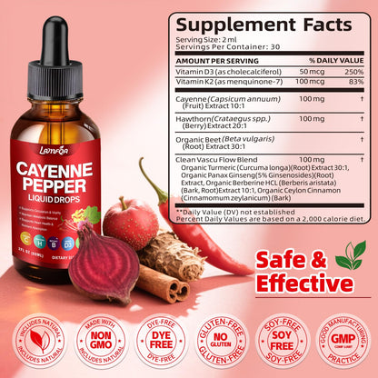 Cayenne Pepper Liquid Drops - Potent Blend with Hawthorn Berry, Turmeric Curcumin, Vitamin D3 K2, Beet Root & Panax Ginseng - Vegan, Non-GMO, High Absorbed Gentle Formula - 2 OZ LAMFQA buy supplements Au
