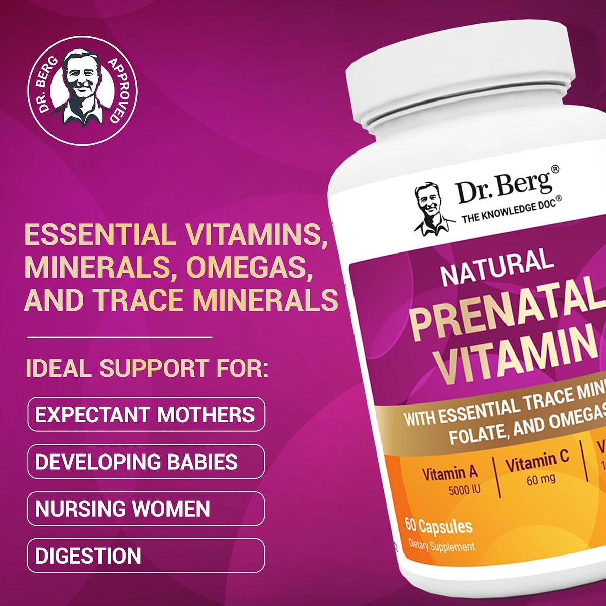 Dr. Berg Natural Prenatal Vitamins for Women (Pregnant & Nursing) - Prenatal Vitamins with Folate, Vitamins, Minerals, Omegas, &11 Powerful Superfoods - Womens Prenatal Multivitamin - 60 Capsules