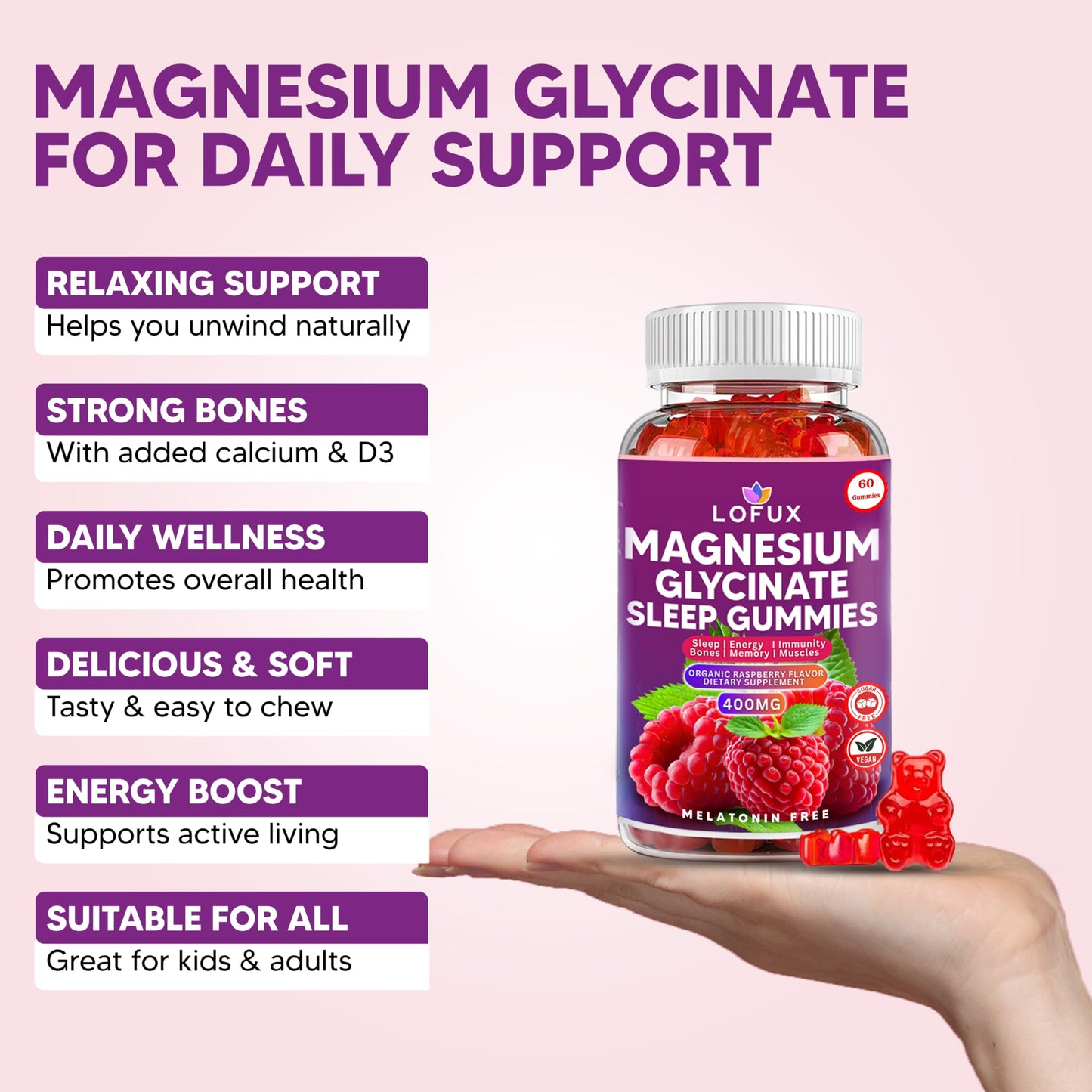 Lofux Magnesium Glycinate Gummies 400mg, Sugar Free Magnesium Gummies for Adults Women, Men, Chewable Supplement Gummy with L-Threonate, Vitamin D, B6, CoQ10 - for Calm, Sleep, Body Relaxation, 120 Ct LofuxBuy Supplements Australia