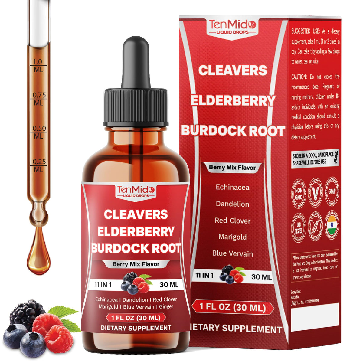 Tenmido 11in1 Lymphatic Drainage Drops with Cleavers, Elderberry, Burdock Root, Echinacea, Dandelion, Red Clover, Marigold, Blue Vervain, Ginger, Licorice, Rosehip - 30 Days Supply - 1FL Oz Tenmido buy supplements Au