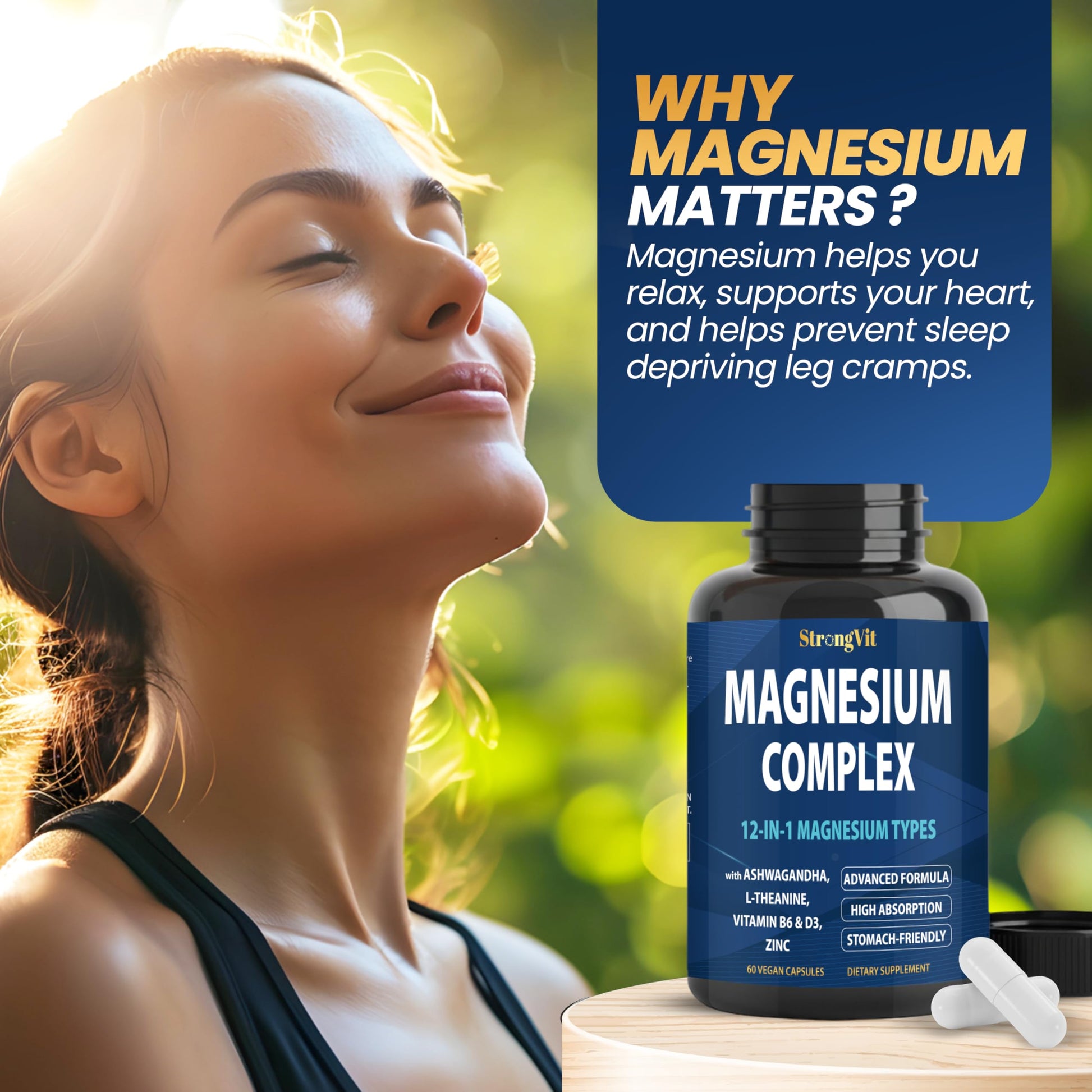1000mg Magnesium Complex for Women and Men, 12 in 1 Magnesium Supplement with Ashwagandha, Zinc, D3, L-theanine. Easy to Swallow, High Absorption, Sleep Support & Stress Relief (60 Capsules) StrongVit buy supplements Au
