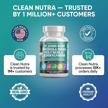 Clean Nutraceuticals St Johns Wort Rhodiola Rosea Holy Basil Ashwagandha - Mood Support for Women and Men with Vitamin C & Black Pepper Extract - 90 Caps