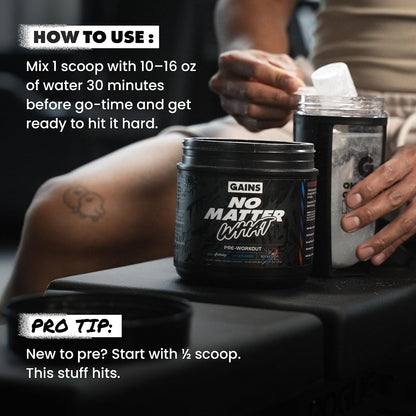 Gains in Bulk Instantized Creatine & No Matter What Pre Workout Powder Bundle, Soluble Creatine Powder, Paraxanthine, Amino Acids & L Theanine, 60 Servings
