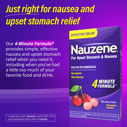 Nauzene Non-Drowsy Upset Stomach & Nausea Relief Chewable Tablets | 4-Minute Formula | Doctor Recommended | Wild Cherry Flavor | 56 Count Nauzene buy supplements Au