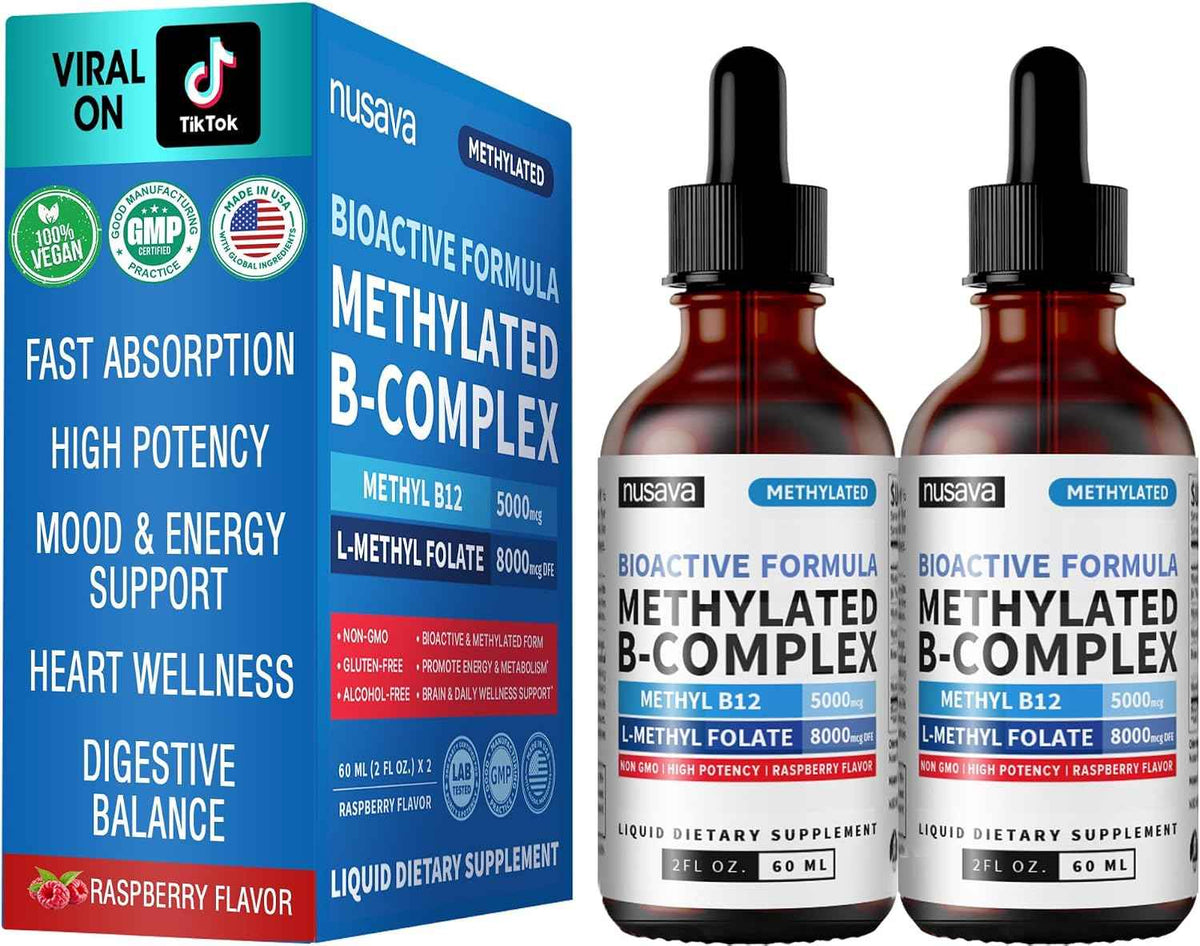 (4-Pack) Methylated B Complex Liquid Drops - Vitamin B Complex with Active L Methylfolate - B12 Sublingual Drops - Vegan B12 Vitamin 5000mcg, Non-GMO, Raspberry Flavor, No Sugar, 2 Fl oz, 80 Servings