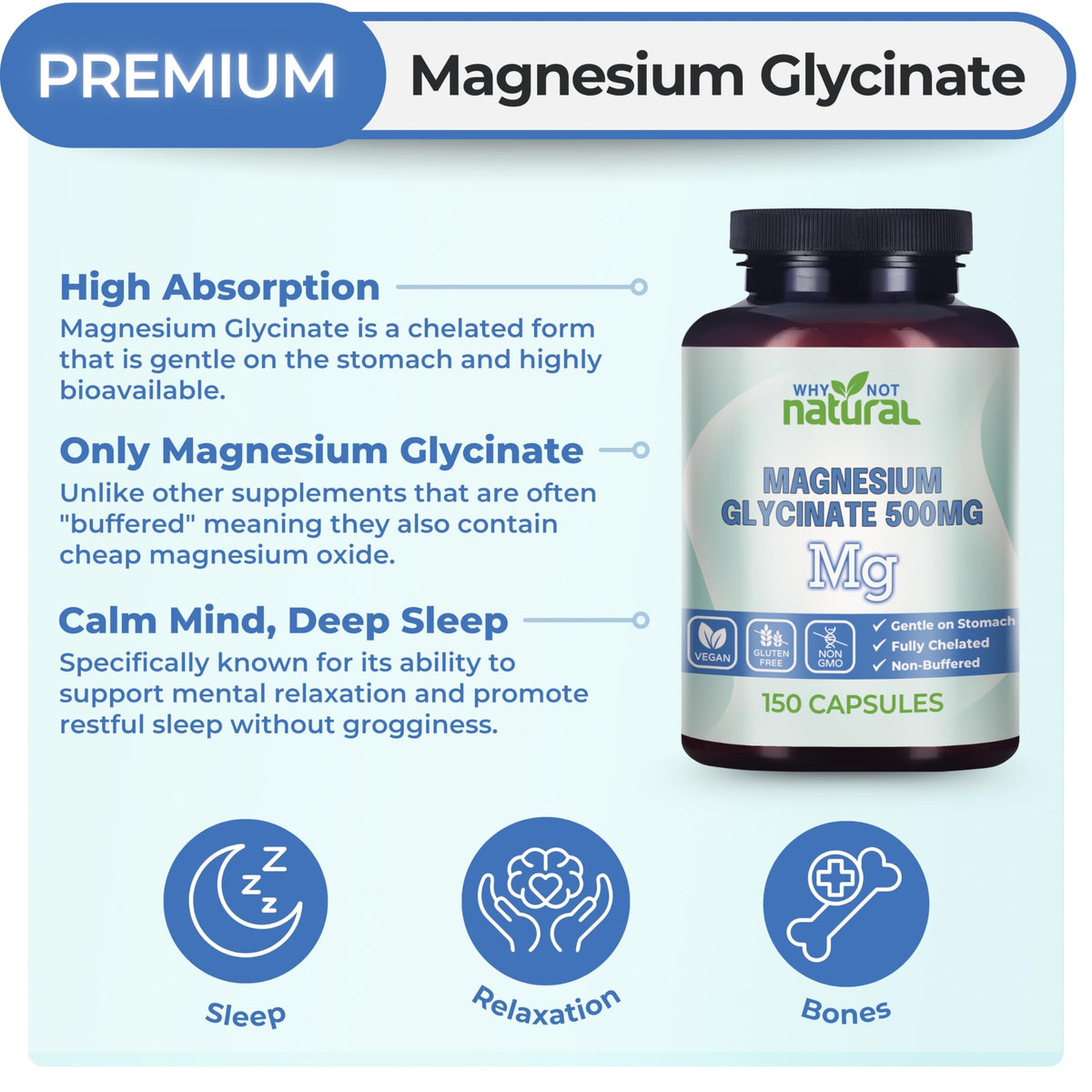 Why Not Natural Magnesium Glycinate 500 mg Capsules Supplement - Vegan, No Filler - Supports Sleep and Relaxation