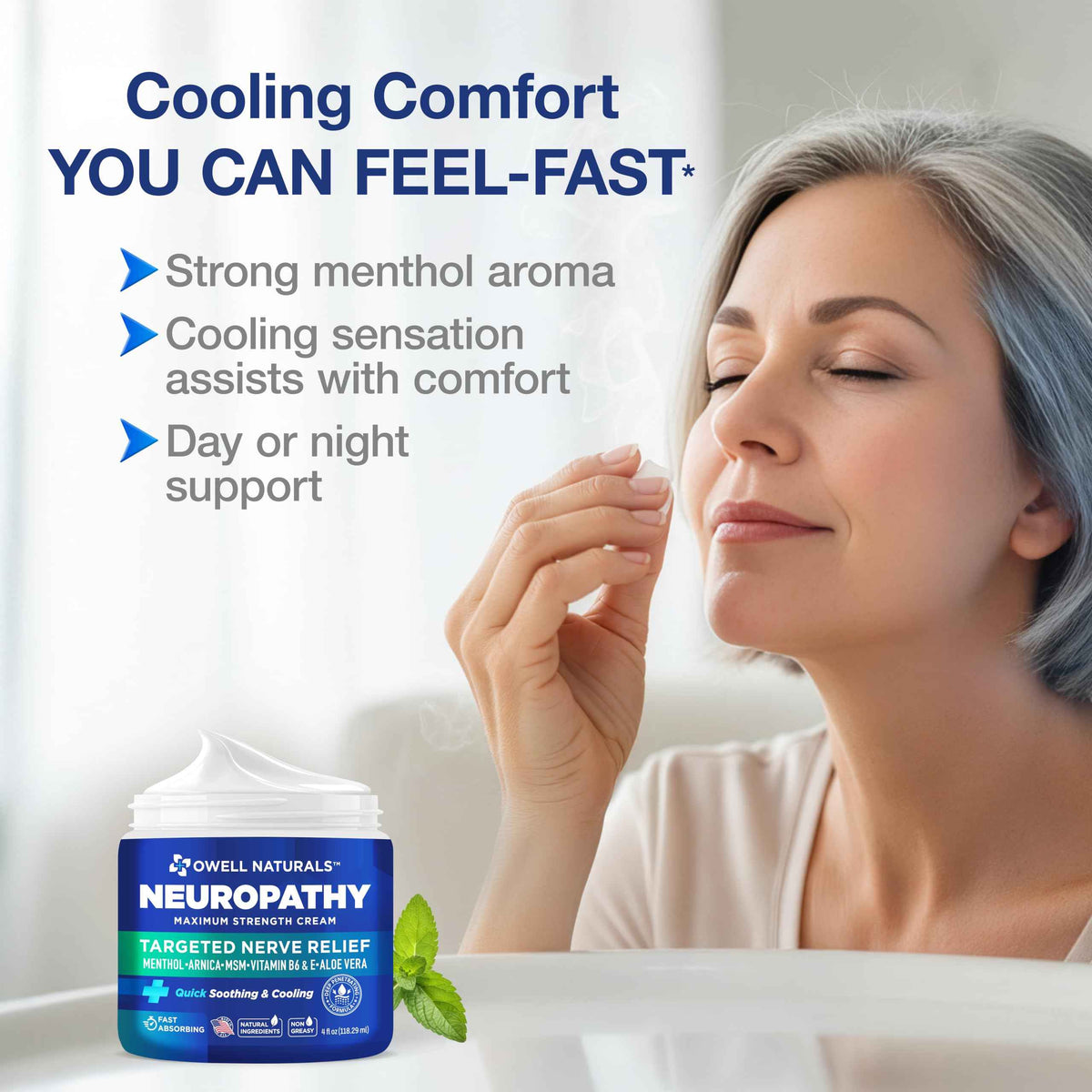 Owell Naturals Neuropathy Cream Extra Strength – Fast Absorbing Cooling for Leg, Feet & Hands – Advanced Soothing Formula with Aloe Vera, Arnica, MSM & Vitamin B6 – Made in USA, 2 fl oz