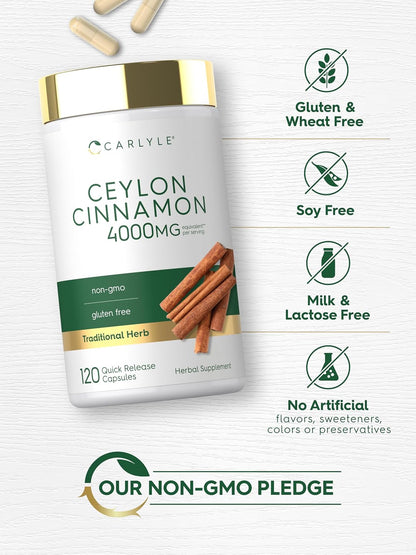 Carlyle Ceylon Cinnamon Capsules | 120 Count | Non-GMO & Gluten Free Supplement