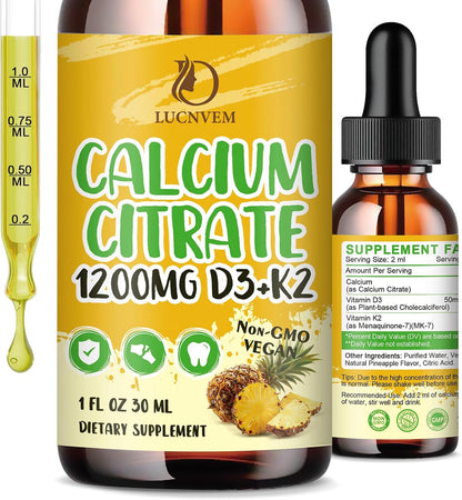 Calcium Citrate 1200 mg with Vitamin D3 Liquid Drops for Women & Men, Calcium Citrate with Vitamin D3 & K2 for Bone Muscle & Teeth- 2 Fl oz- 30 Day Vegan Supply