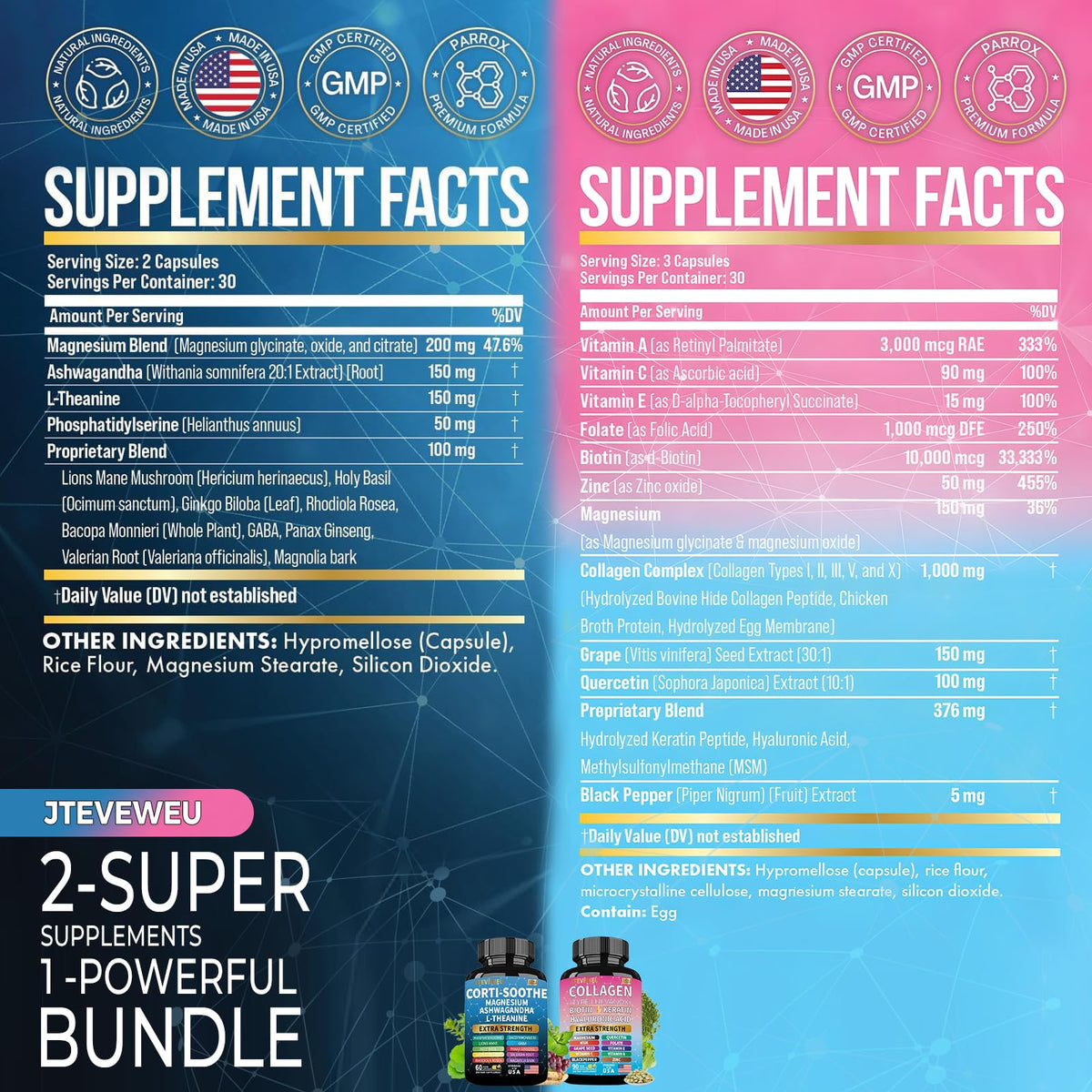 JTEVEweu Shining Serenity Set, Cortisol Support with Ashwagandha, L-Theanine, Magnesium, Lions Mane, GABA, Bacopa Monnieri, Collagen Biotin, Keratin, Hyaluronic Acid, Quercetin JTEVEweu buy supplements Au