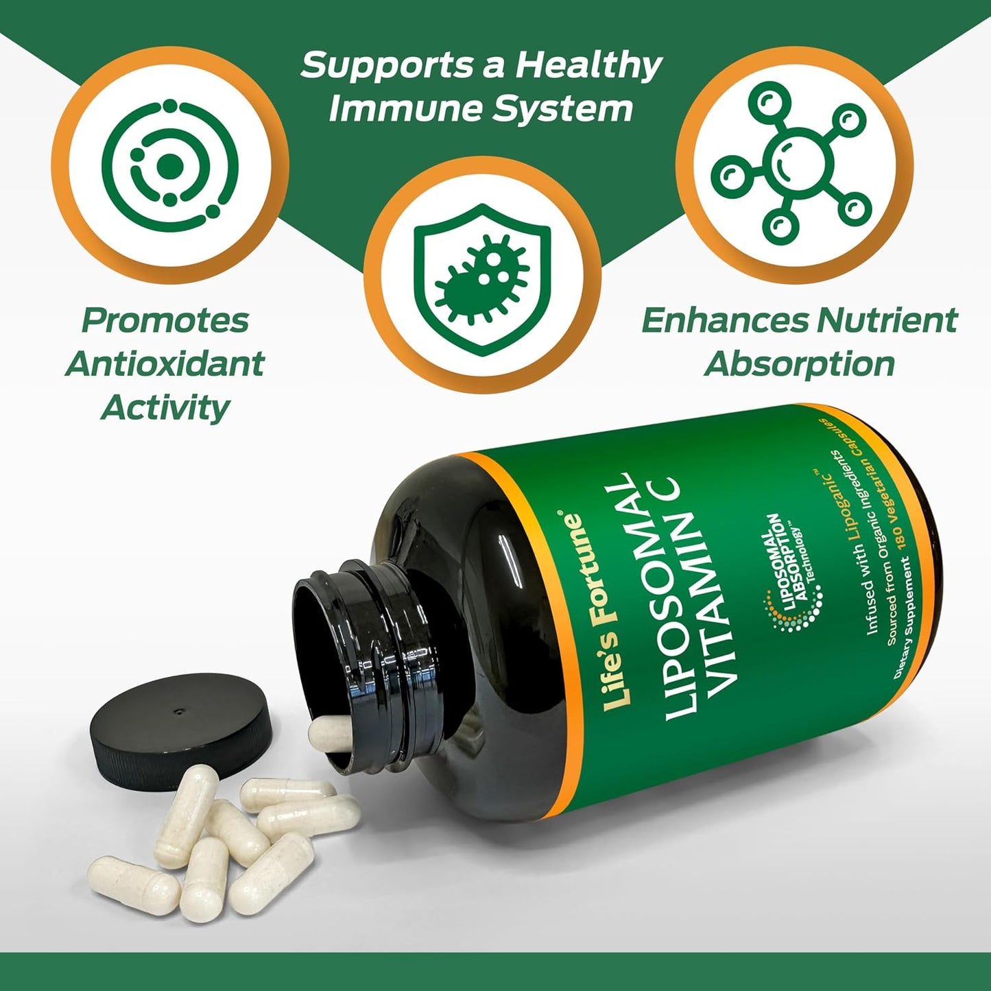 Life's Fortune Liposomal Vitamin C 2100 mg, Fast Acting Absorption, Higher Bioavailability Supporting Immune System, High Antioxidant Supplement Formula – Collagen Booster – 180 Capsules
