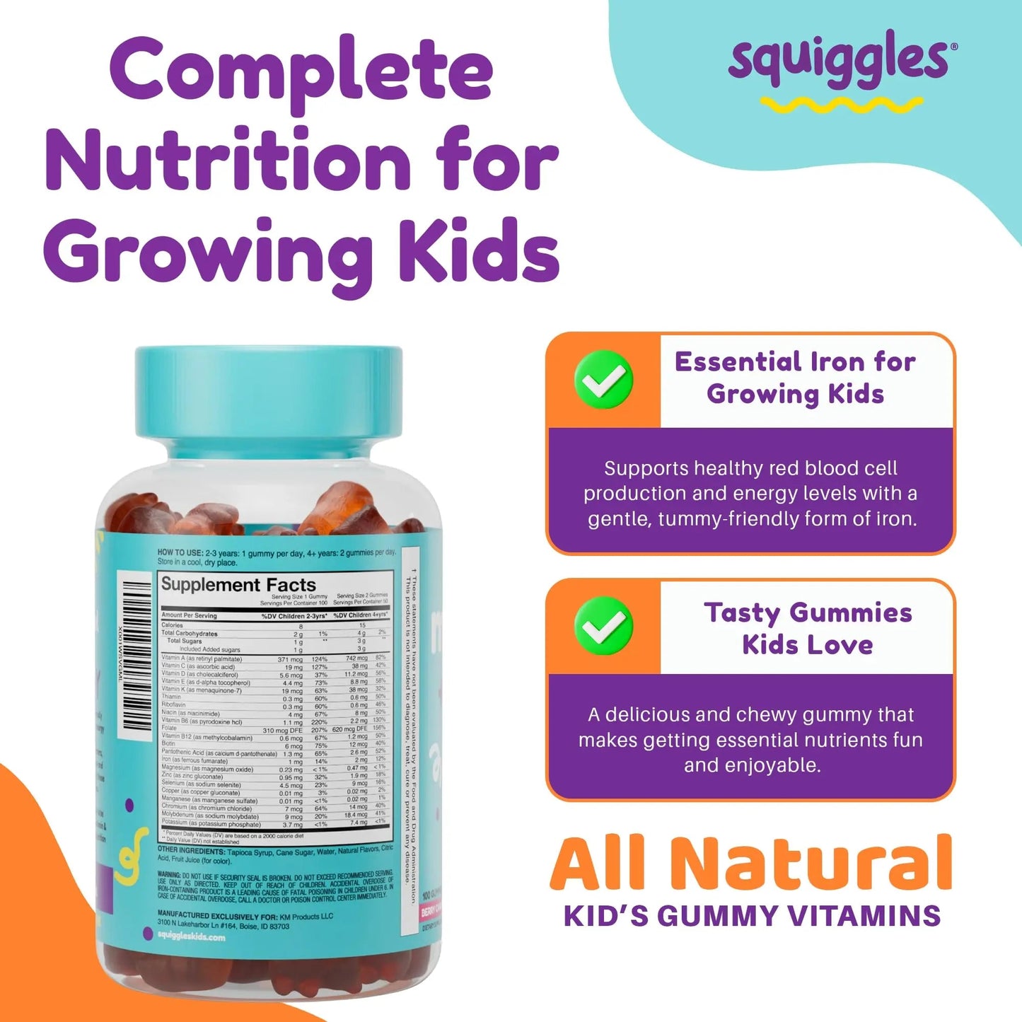 Squiggles Kids Multivitamin + Iron Gummies - Low Sugar Gummy Vitamins with Iron Supplements for Kids Squiggles
