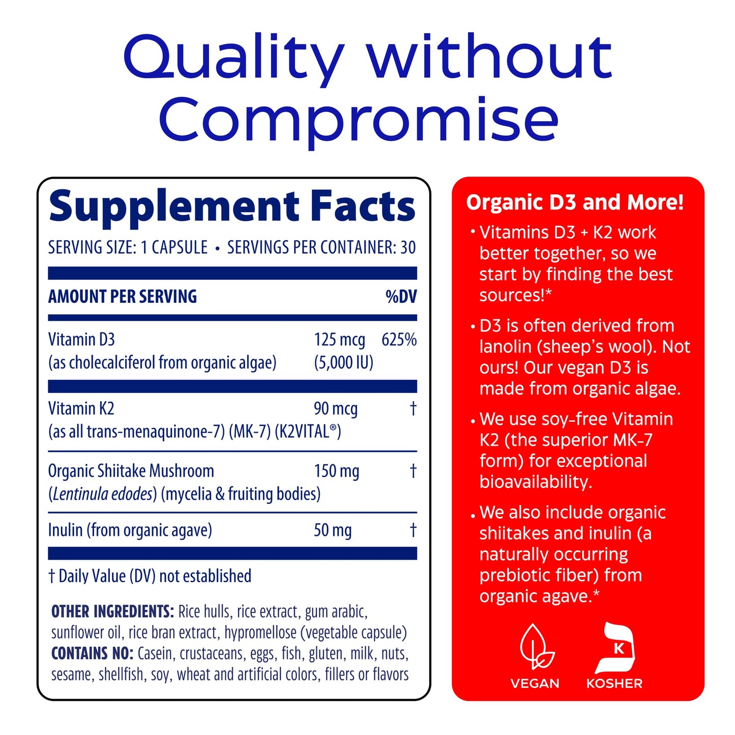 Enzymedica Vitamin D3 and K2 Supplement Caps for Men & Women - VIT D3 5000 IU & VIT K2 MK-7 90 mcg, Immune & Bone Health Support, Features Shitake Mushrooms & Prebiotic Fiber, Vegan - 60 Capsules