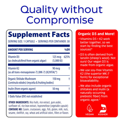 Enzymedica Vitamin D3 and K2 Supplement Caps for Men & Women - VIT D3 5000 IU & VIT K2 MK-7 90 mcg, Immune & Bone Health Support, Features Shitake Mushrooms & Prebiotic Fiber, Vegan - 60 Capsules